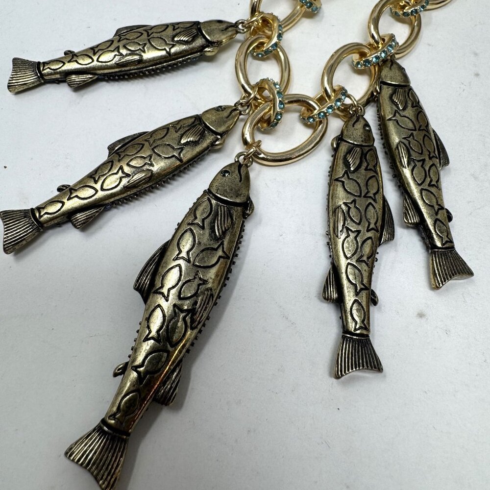 Betsey Johnson Fish Charm Rhinestone Necklace Goldtone Link - Picture 8 of 10